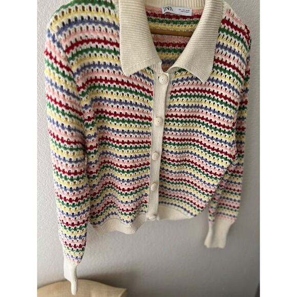 ZARA Chunky Knit Multicolor Rainbow Stripe Knit Cardigan Sweater Size L - Picture 6 of 10